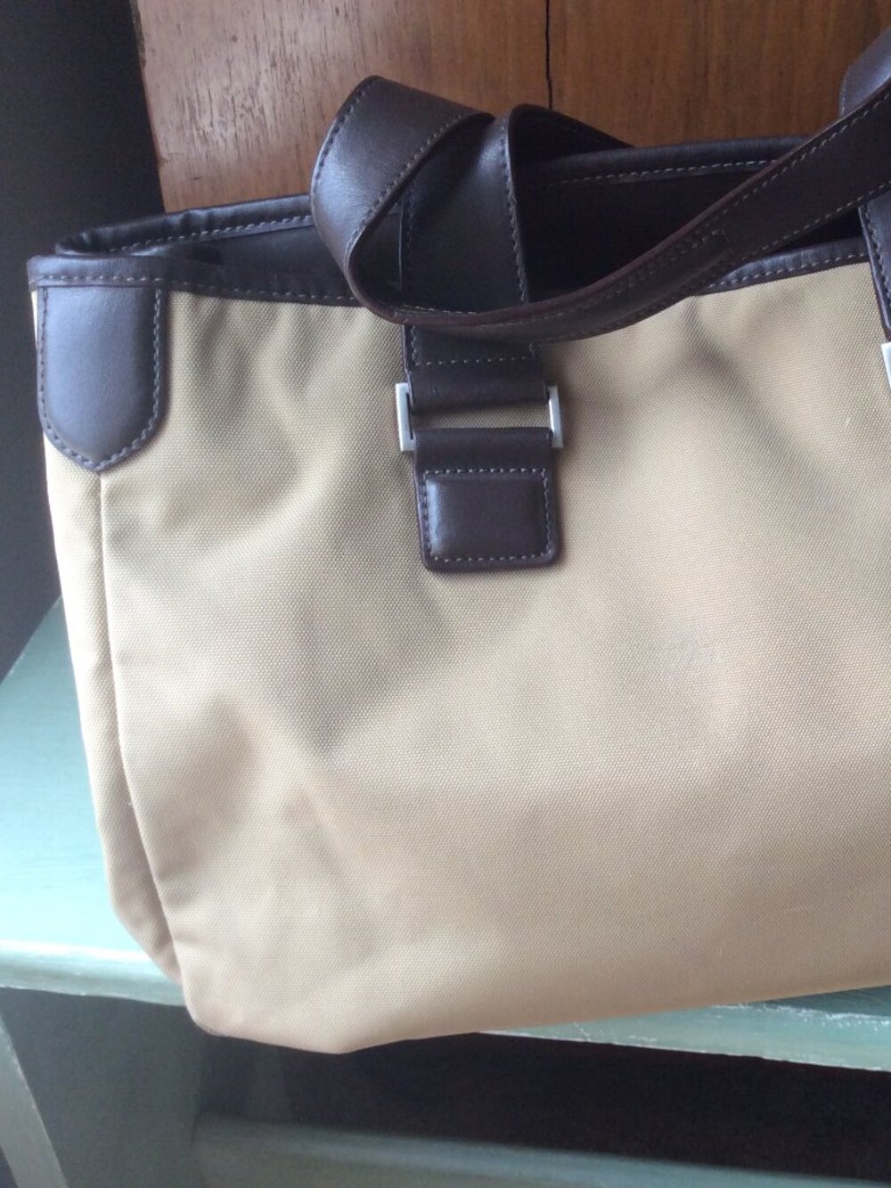 TUMI Totebag, Tan Nylon Body with Brown Leather Trim.